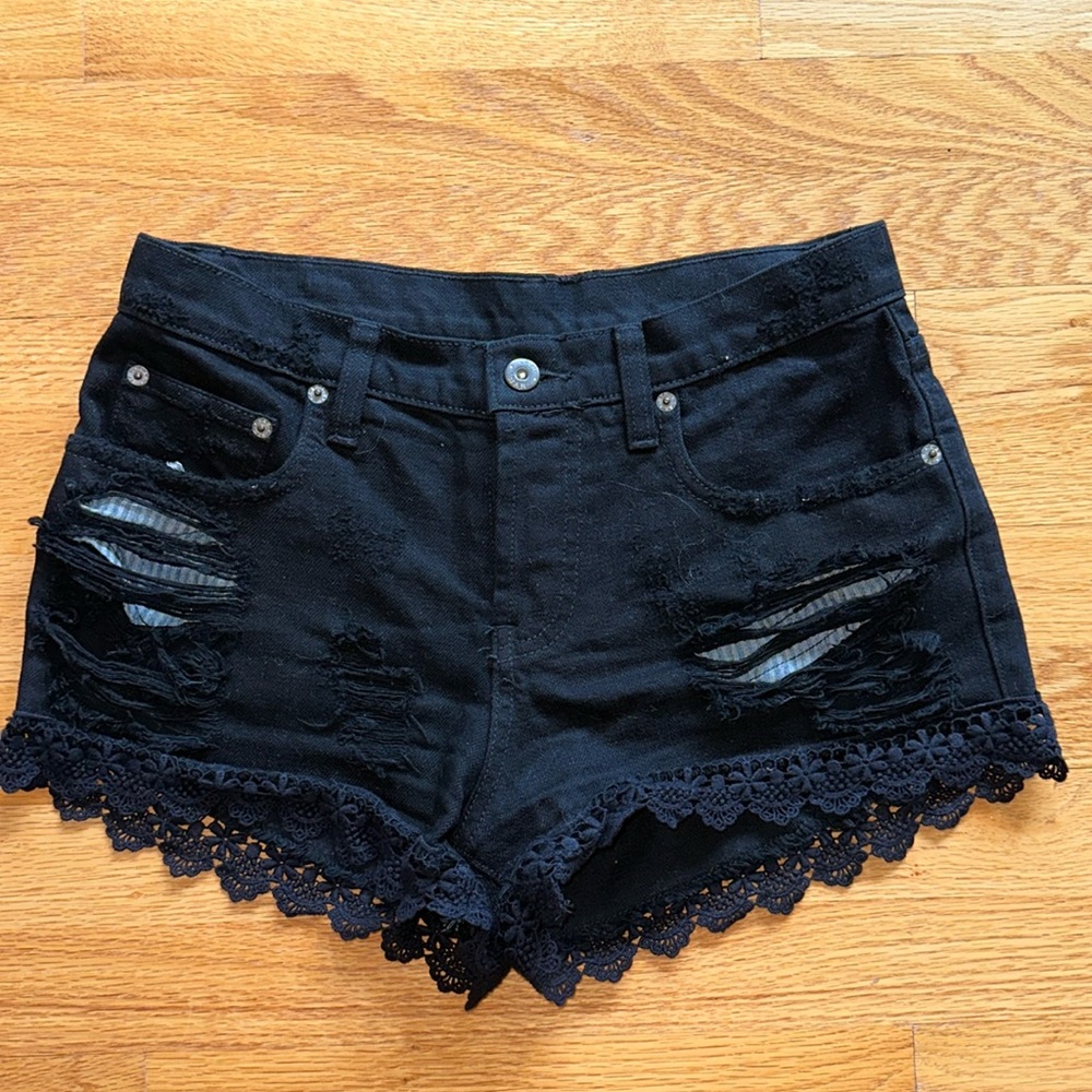 NWOT LF CARMAR Black Denim Distressed Shorts w/ Black Lace Trim